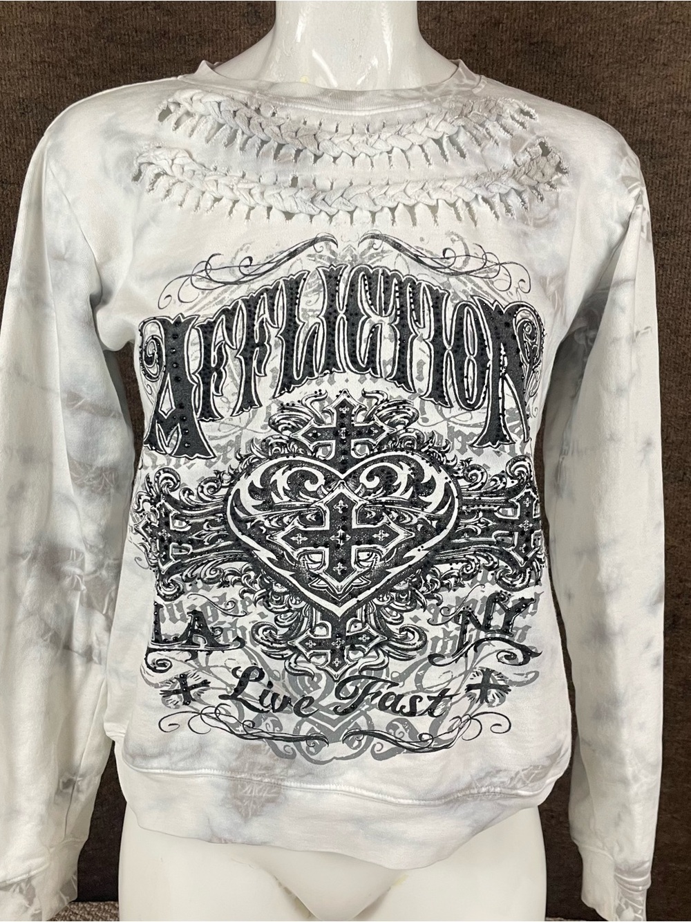 Affliction Sweatshirt Womens Small Crew Braided Tie Dye Y2K Grunge Live Fast C4
